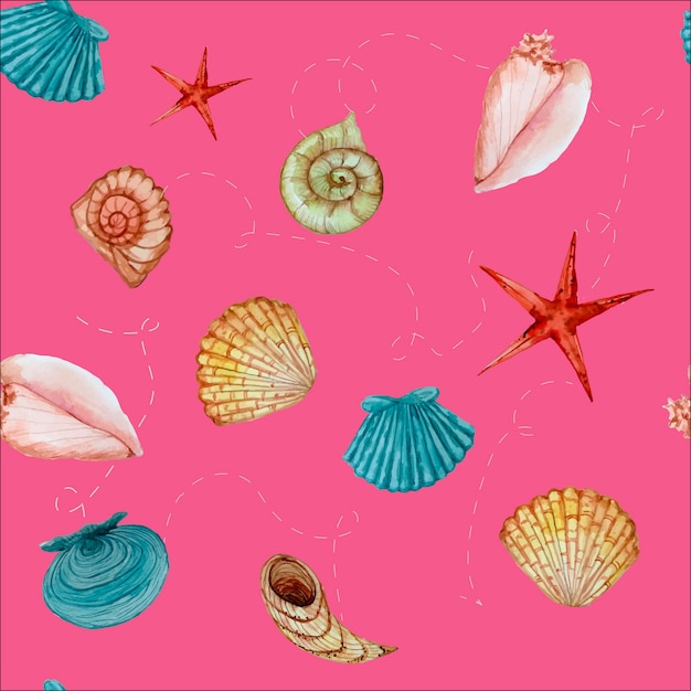 Vector seashells watercolor hand drawn seamless pattern