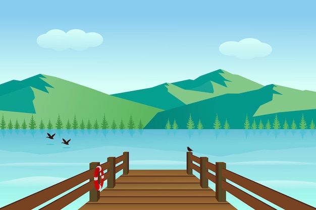 Seashore wooden pier with lake and mountains on sunny day Vector illustration