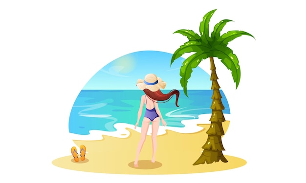 Vector seaside concept a girl in a bathing suit and a hat stands on the shore