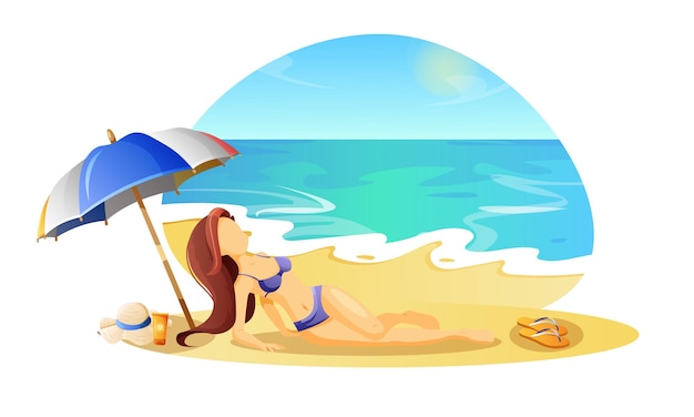 ベクトル 海辺のコンセプト女の子は傘の下でビーチで休んでいます