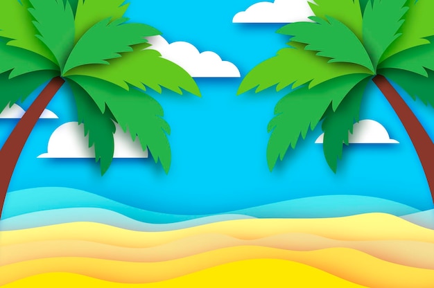 Приморский пейзаж в стиле вырезки из бумаги никто под зелеными пальмами на берегу моря время путешествовать тропический пляж летние каникулы noboody vector
