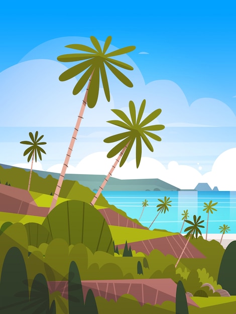 Seaside landscape summer tropical beach with palm trees and\
mountains exotic resort view