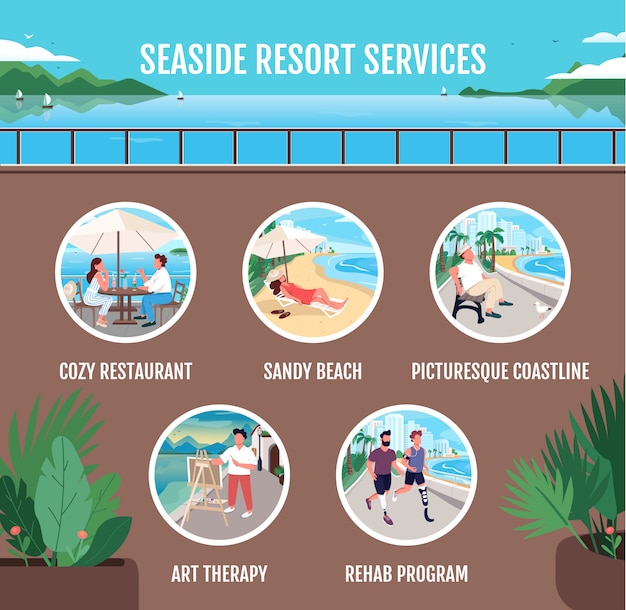 Seaside resort services flat color vector informational infographic template. poster, booklet, ppt page concept design with cartoon characters.