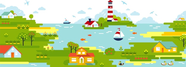 Seaside Small Town Landscape Background with Lighthouse on Island in Flat Style