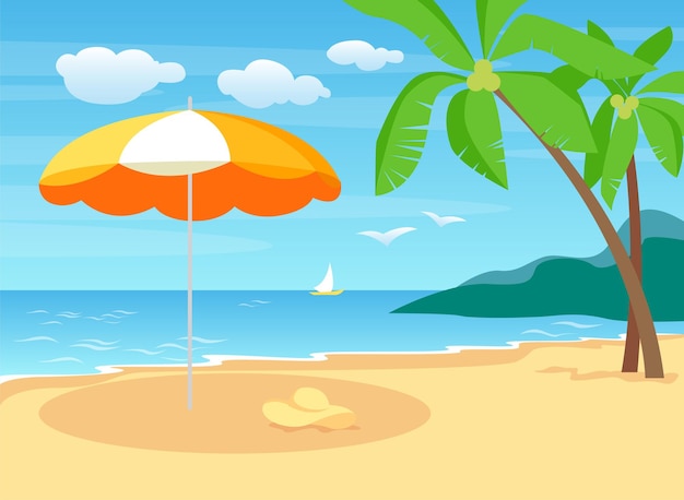 Seaside summer beach with palm trees and an umbrella for the sun hot summer flat