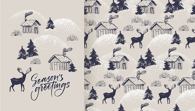 Vector season's greetings card and pattern with cozy village and deer