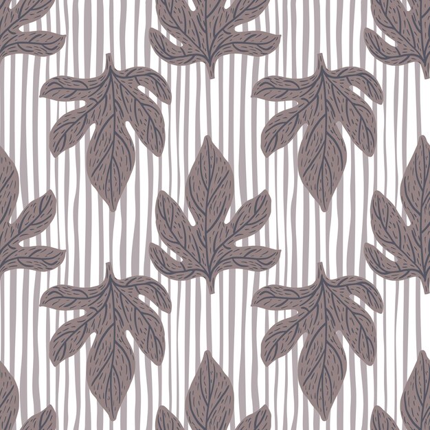 Season seamless pattern with grey colored leaf elements. Striped light background. Vector illustration