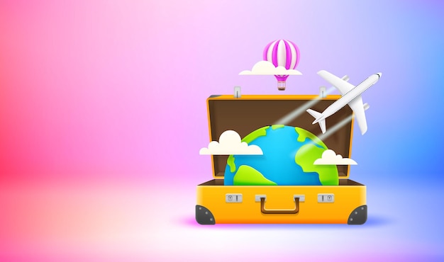 Season travel concept with suitcase Vector 3d banner with copy space