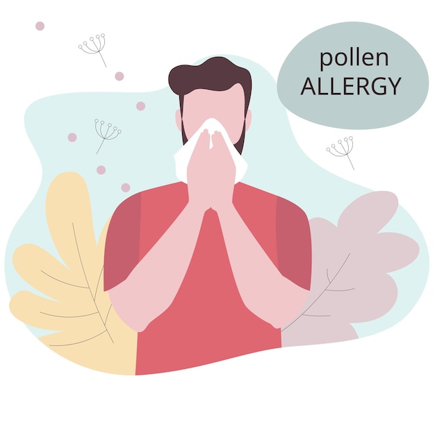 Vector seasonal allergy man sneezing from pollen and flowers allergy