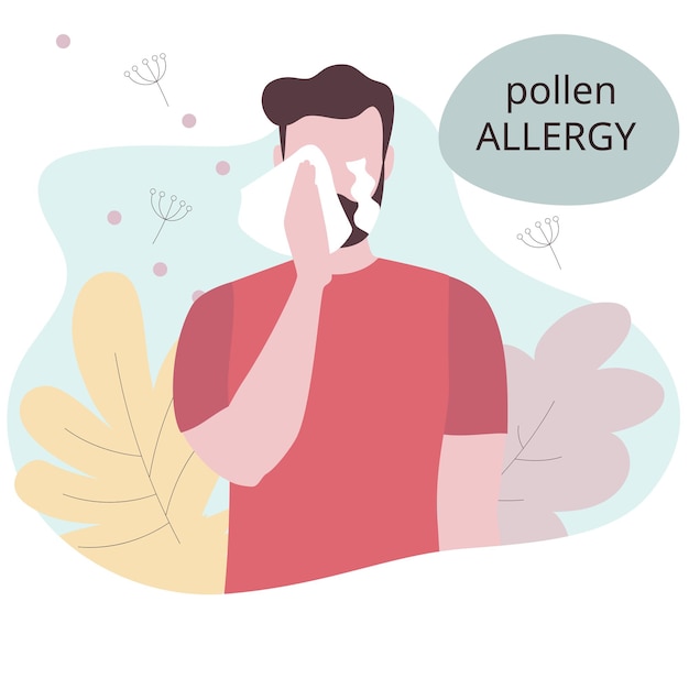 Вектор Сезонная аллергия мужчина со слезящимися глазами аллергия на пыльцу и цветы