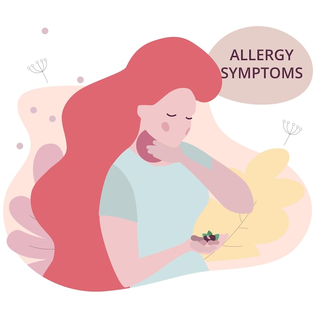 ベクトル 喉の痛み、かゆみを伴う喉のアレルギーとナッツを伴う季節性アレルギーの女性