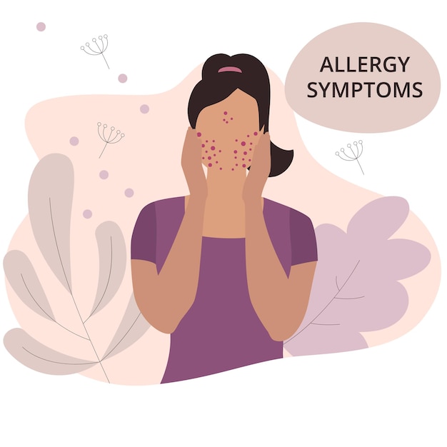 Seasonal allergy Woman with red skin rash Woman scratching skin on her face