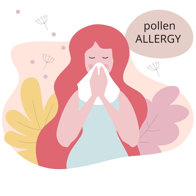 Vector seasonal allergy woman with red skin rash woman scratching skin on her face