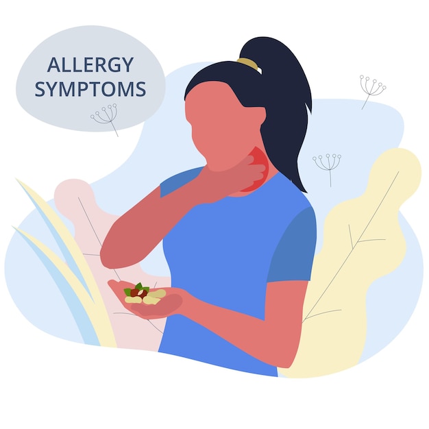 Сезонная аллергия женщина с ангиной, зудом в горле, аллергией и орехами