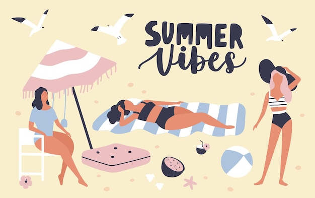 해변에서 일광욕 수영복을 입은 여성과 계절 카드 템플릿 및 필기체 Summer Vibes 문구