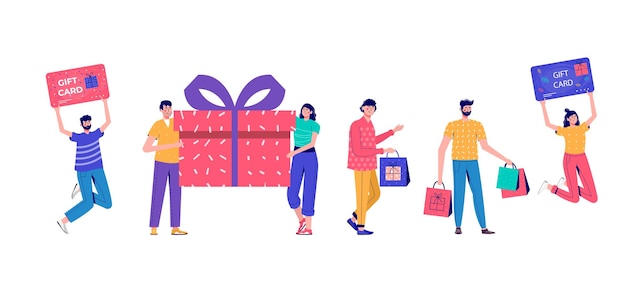 Seasonal discount website sale banner with people holding shopping bag. Promotion of online store loyalty program, bonus, reward, discount card, coupon or voucher. Modern flat vector for advertisement