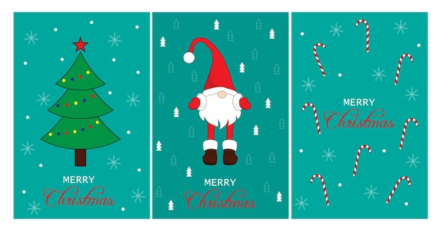 Seasonal greetings Christmas Scandinavian cards Cute little gnome in a red cap Merry Christmas and Happy New Year Vector illustration in cartoon style Vintage postcard Noel on a turquoise background