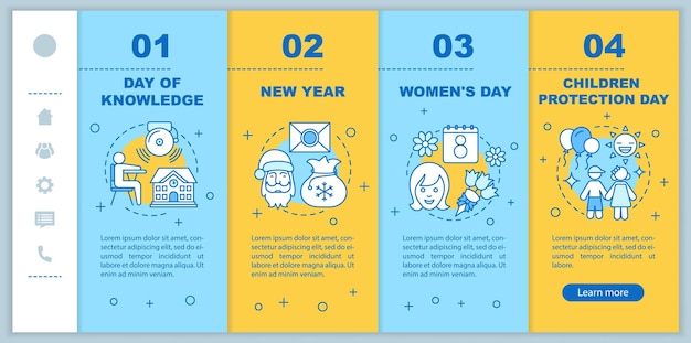 Seasonal holidays onboarding mobile web pages vector template Responsive smartphone interface idea with linear illustrations Back to school 8 March webpage walkthrough step screens Color concept