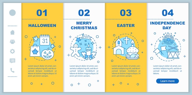 Seasonal holidays onboarding mobile web pages vector template Responsive smartphone interface idea with linear illustrations Halloween independence day webpage walkthrough steps Color concept