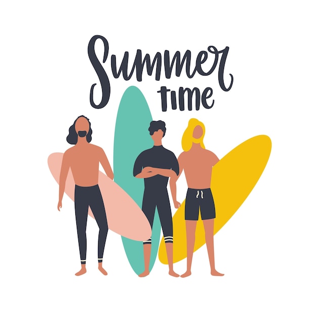 Seasonal postcard template with group of male surfers carrying surfboards and Summer time text handwritten with cursive calligraphic font. People on sea or ocean beach. Flat vector illustration.