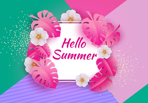 Seasonal sale background for banners, pink palm leaves on a bright background. template for flyer, invitation, poster, brochure, discount on voucher.