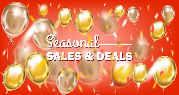 Seasonal sales and deals red gold banner with metallic balloons