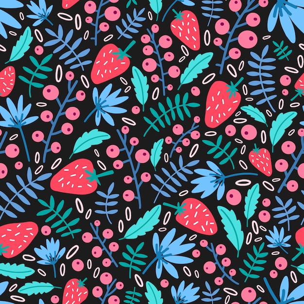 Seasonal seamless pattern with garden strawberries and leaves on black