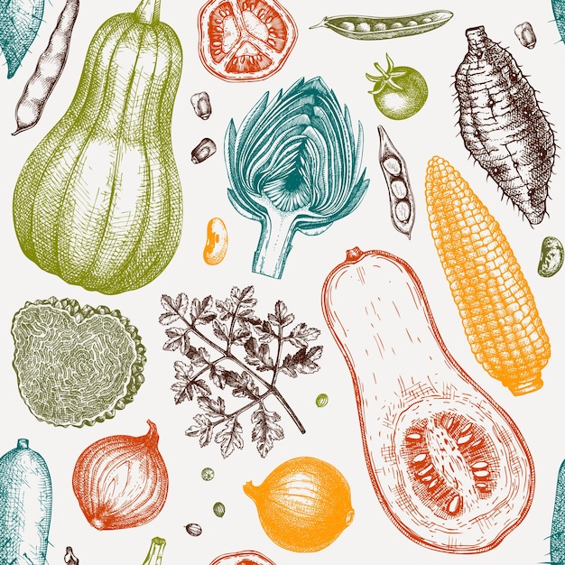 Seasonal vegetables seamless pattern. harvest festival vector background. hand sketched herbs, vegetables, mushrooms illustration. health food ingredients backdrop vector illustration.