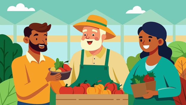 Vector seasoned farmers chat and laugh as they sell their freshly picked vegetables and fruits at the busy
