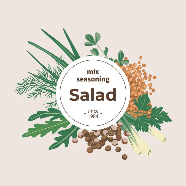seasoning cover concept spices for salads allspice, scallion, fenugreek, dill, parsley, arugula.