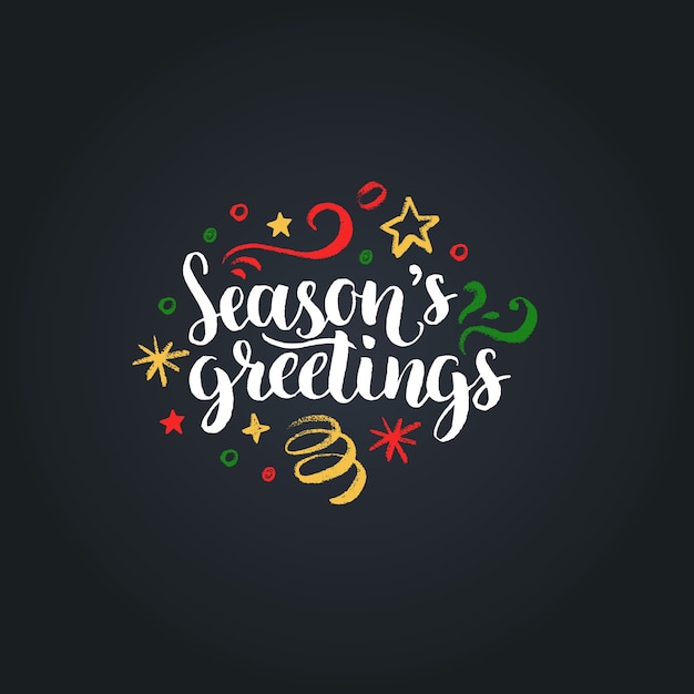 Seasons Greetings lettering on black background.  hand drawn Christmas illustration.