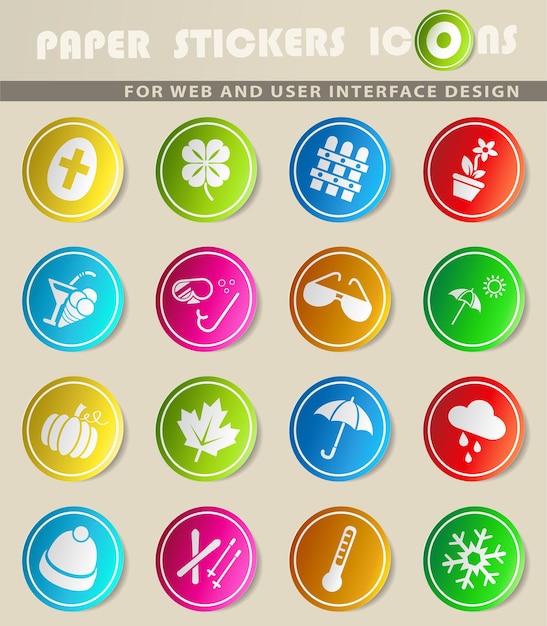 Seasons vector icons on colored paper stickers