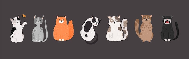 Seated cats. Doodle pets with different emotions.