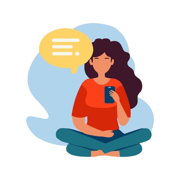 Seated girl with phone reading a message Cartoon flat sitting woman