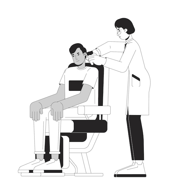 Seated male patient undergoing ear examination by doctor black and white 2D line characters