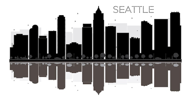 Vector seattle city skyline black and white silhouette with reflections. vector illustration. simple flat concept for tourism presentation, banner, placard or web site. cityscape with landmarks