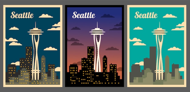 Vettore skyline della città di seattle. poster retrò della città