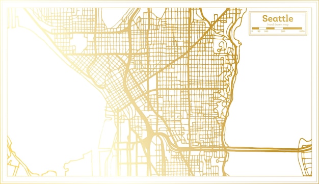 Карта города сиэтл сша в стиле ретро в контурной карте золотого цвета