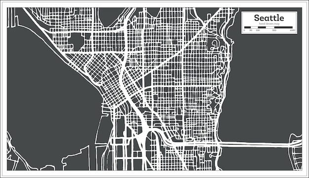 ベクトル レトロなスタイルのシアトルusa都市地図。白地図。ベクトルイラスト。