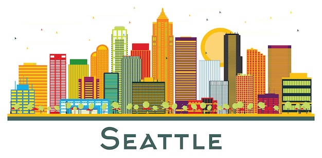 Seattle Washington City Skyline met kleur gebouwen geïsoleerd op wit