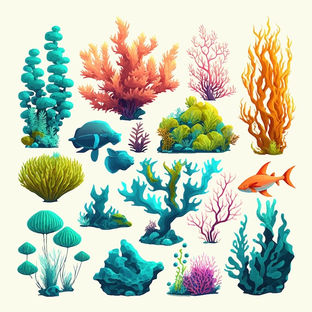 海藻やサンゴの熱帯の海の植物やサンゴ礁の動物の背景に分離された漫画のベクトル図
