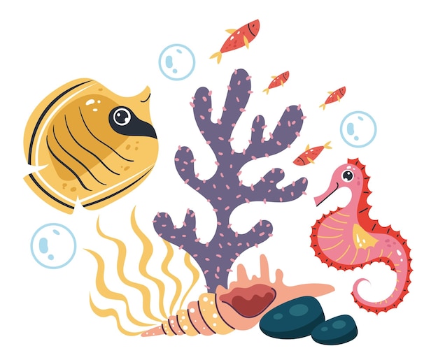 Illustrazione di progettazione grafica del fumetto piatto dell'insieme isolato dell'alga sul fondo del mare