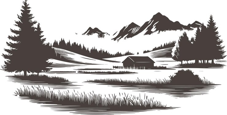 Secluded Mountain Cabin A Monochrome Illustration of a Peaceful Alpine Retreat