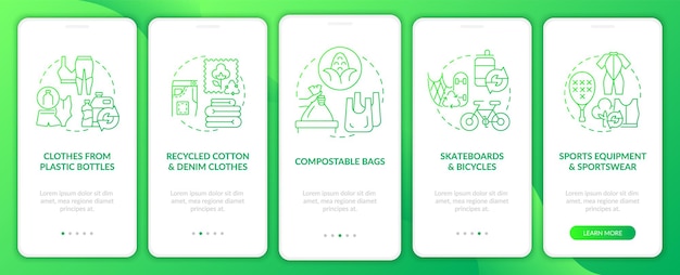 Secondary materials onboarding mobile app page screen. waste upcycling walkthrough 5 steps graphic instructions with concepts. ui, ux, gui vector template with linear color illustrations