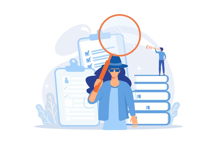Vector secret agent searching clues and spying investigating case private investigation private detective