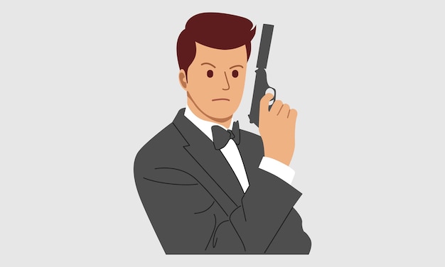 Vector secret agent, spy, policeman, detective, security guard with a gun