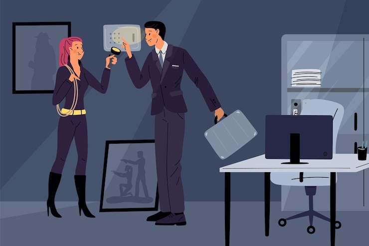 Vector secret agents work superheroes couple break into safe at night people selecting right code sexy spies people with flashlight and briefcase thriller characters garish vector concept