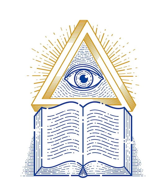 Vector secret knowledge vintage open book with all seeing eye of god in sacred geometry triangle, insight and enlightenment, masonry or illuminati symbol, vector logo or emblem design element.