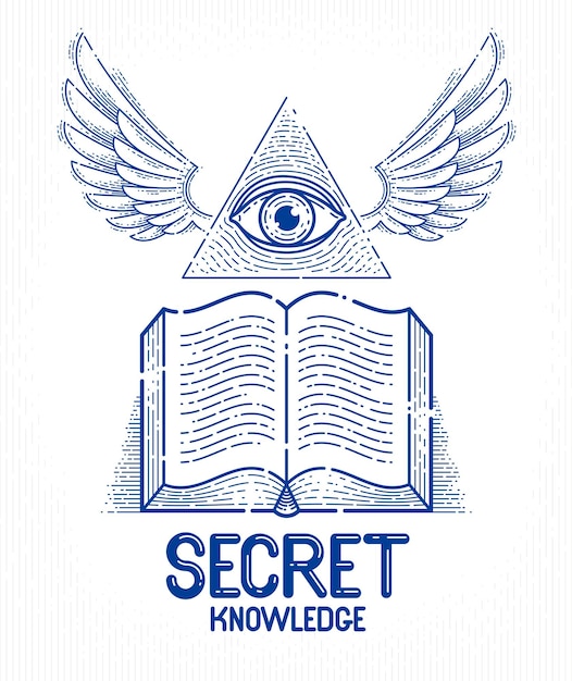 Libro alato aperto dell'annata di conoscenza segreta con l'occhio che tutto vede di dio nel triangolo della geometria sacra, simbolo della muratura o degli illuminati, logo vettoriale o elemento di design dell'emblema.