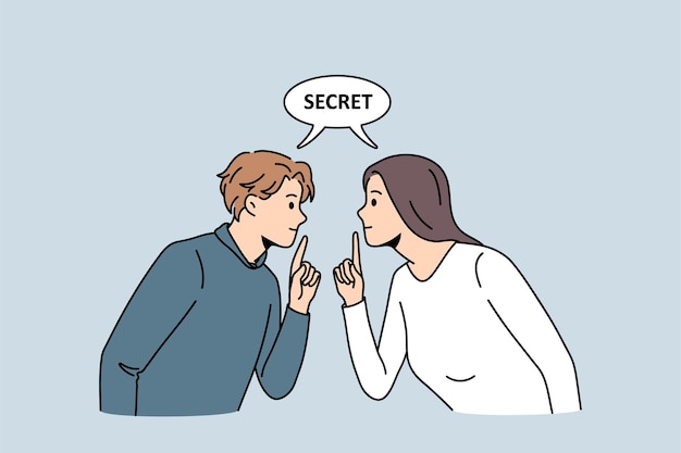 Vector secret privacy and silence concept. young woman and man looking at each other showing silent gesture with fingers with secret lettering above vector illustration